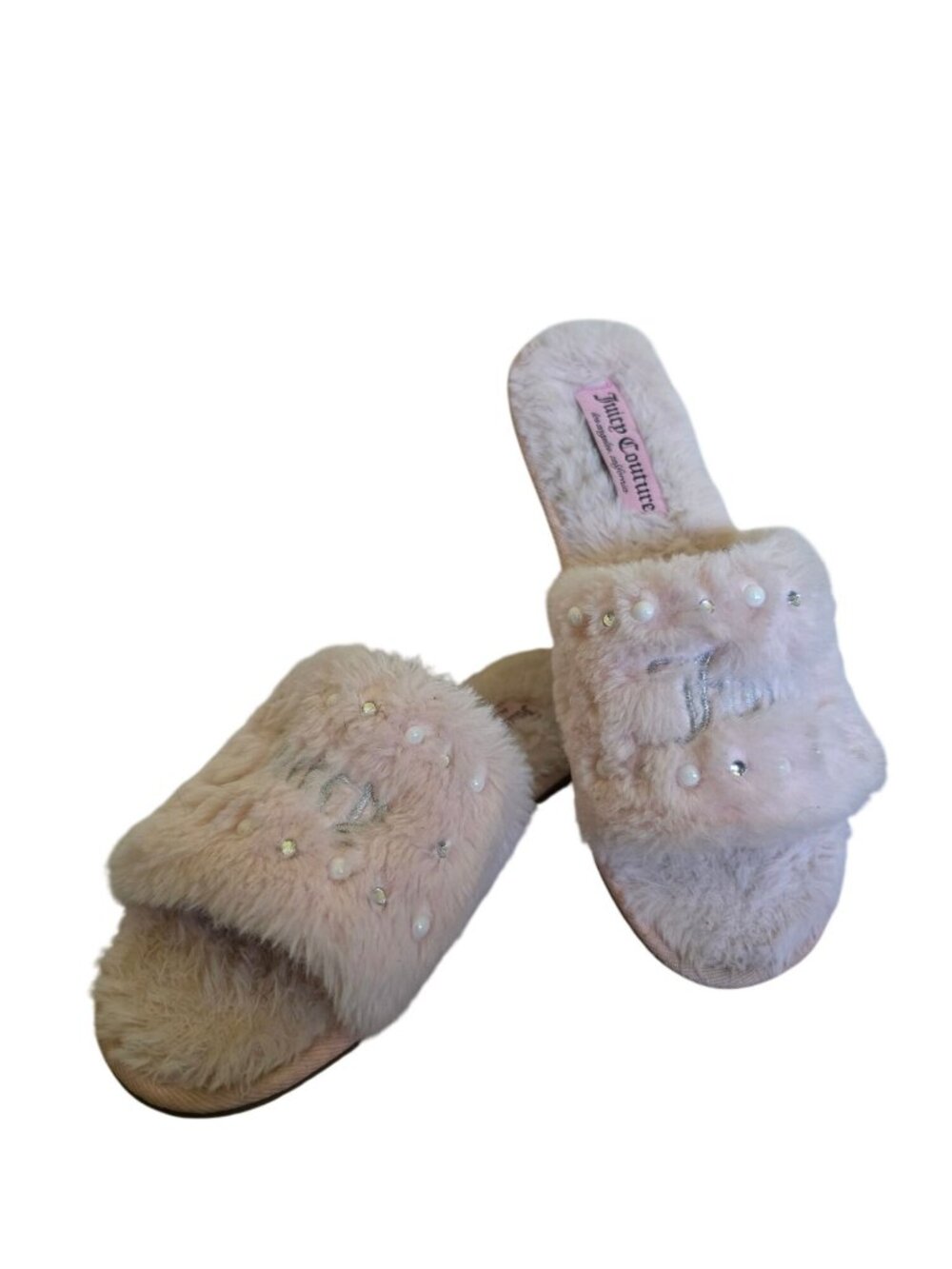 Juicy Couture Gyanna 2 Slippers Pink Faux Fur Embellished Slide Sandals Women L